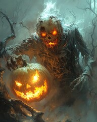 Sticker - A horrifying zombie monster with glowing eyes and a jack-o-lantern in a foggy forest setting.