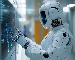 Poster - A humanoid robot interacts with a digital screen in a futuristic laboratory.