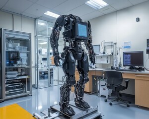 Poster - A humanoid robot stands in a laboratory, its black body and multiple joints visible.