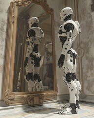 Canvas Print - A humanoid robot stands in front of an ornate mirror, contemplating its reflection.