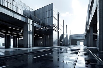 modern factory using clean lines and geometric forms in a monochromatic color palette