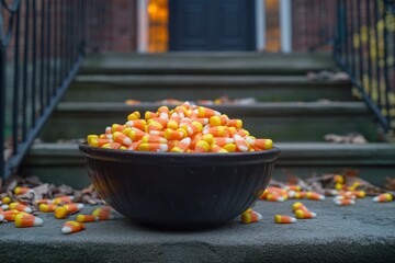 Sticker - A large bowl of candy corn sits on a stone stoop with a few scattered pieces on the steps.