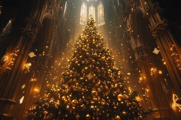 Canvas Print - A large Christmas tree adorned with gold ornaments stands tall in a cathedral with beams of light streaming through stained glass windows.