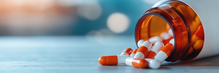 A close-up image of a brown bottle with its cap off, spilling orange and white capsules across a surface, representing health, medication, and pharmaceutical elements.