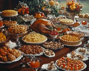 Poster - A large table laden with a variety of delicious Thanksgiving dishes, including a roasted turkey, side dishes, and desserts.