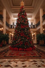 Sticker - A large, decorated Christmas tree stands in a grand hall, adorned with red and gold ornaments, ribbons, and presents.