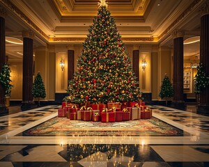 Sticker - A large, decorated Christmas tree stands in a grand room, surrounded by presents.