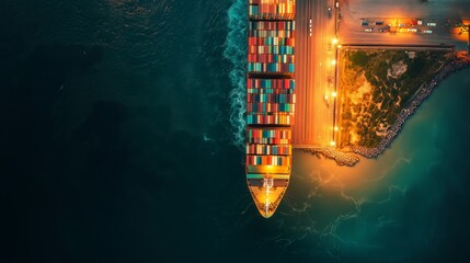 Aerial top view of a container ship loading cargo at a port for global trade