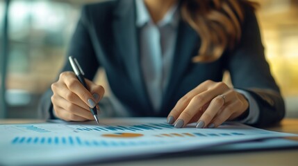 Businesswoman in suit doing financial analysis with charts and graphs on paper at desk close up