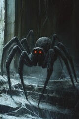 Wall Mural - A large, hairy spider with glowing red eyes stares intensely at the camera, its legs outstretched on a web in a dark, mysterious setting.