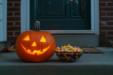 Wall Mural - A lit jack-o'-lantern sits on a doorstep next to a bowl of candy.