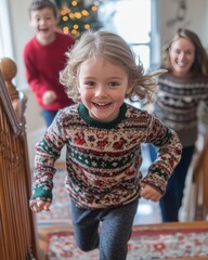 Wall Mural - A little girl runs down the stairs towards the camera, smiling and laughing, with her family behind her.