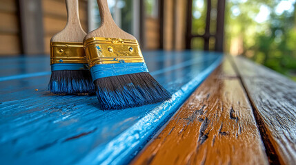 Two paintbrushes are painting wooden deck boards blue on a sunny day