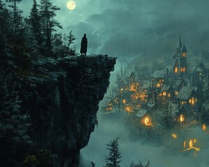 Canvas Print - A lone figure stands on a cliff overlooking a mystical village bathed in moonlight.