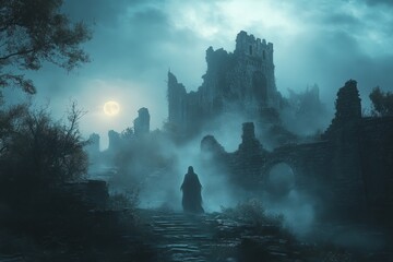 Poster - A lone figure walks towards a mysterious, fog-shrouded castle under a full moon.