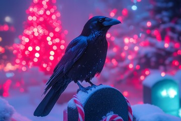 Sticker - A lone raven perched on a snow-covered tombstone with Christmas lights in the background.