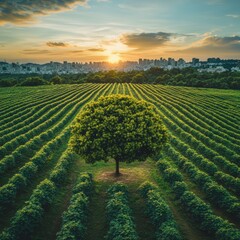 Wall Mural - A lone tree stands in a field of rows of crops, with a city skyline in the distance and a setting sun.