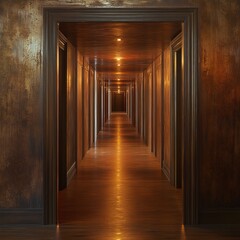 Poster - A long, dark hallway with wooden floors and doors leading to rooms on either side.