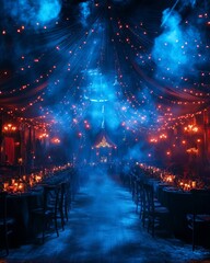 Poster - A long, dimly lit dining room with a dramatic lighting setup and a walkway in the center.