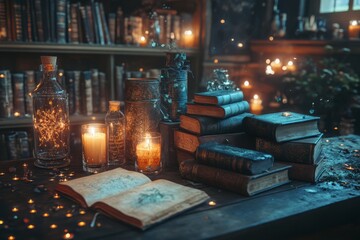 Canvas Print - A magical and mysterious scene with candles, books, and potion bottles in a dark room.