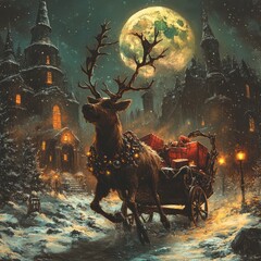 Poster - A magical reindeer pulling a carriage full of presents in a snowy, whimsical town.