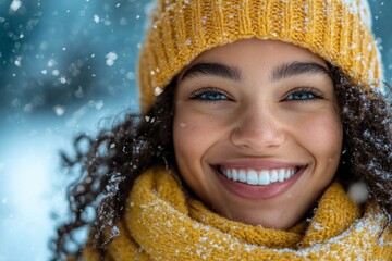 Woman with curly hair and a yellow hat is smiling and wearing a scarf. Concept of happiness. joyful young woman wearing a yellow scarf and hat, smiling in a snowy winter scene with blue background.