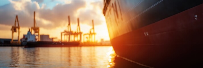 A large container ship docked at a bustling port as the sun sets, casting a vibrant orange hue on the horizon, symbolizing global trade and industrial growth.