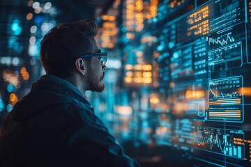 Poster - A man in glasses looks intently at a wall of digital data, illuminated by vibrant colors and lines, in a futuristic setting.