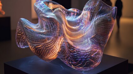 A holographic sculpture rotating in mid-air, showing AI's real-time generation of intricate, abstract patterns on its surface.