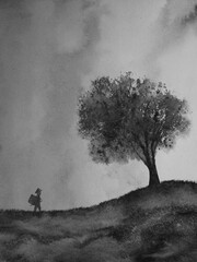 watercolor minimal oriental ink wash painting abstract landscape tree in the field and the man standing alone. traditional japan asian sumi-e art style.	