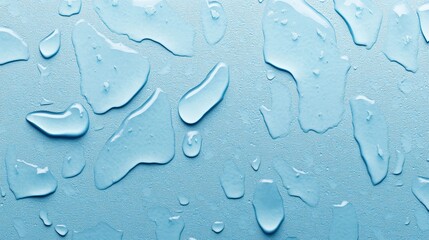 Water Droplets on a Blue Surface: A captivating close-up of glistening water droplets scattered across a smooth, blue surface, creating an abstract pattern of light and reflection. The soft.