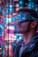 Sticker - A man wearing VR headset, looking at a digital screen with binary code.