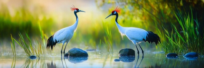 Wall Mural - A serene morning scene with two elegant cranes standing gracefully near calm waters. Their white feathers contrast beautifully with vibrant greens. This nature image evokes tranquility and harmony. AI