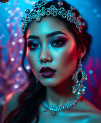 A beautifully dressed woman with glamorous makeup, wearing a silver tiara, stands against a moonlit starry background. Her confident smile and serene expression embody elegance and grace.

