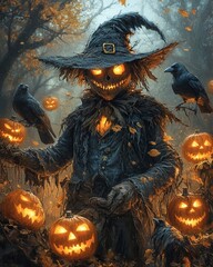 Canvas Print - A menacing scarecrow with glowing eyes and a wicked grin stands amidst a forest of jack-o'-lanterns and crows.