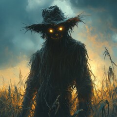 Wall Mural - A menacing scarecrow with glowing eyes stands in a field of corn at sunset.