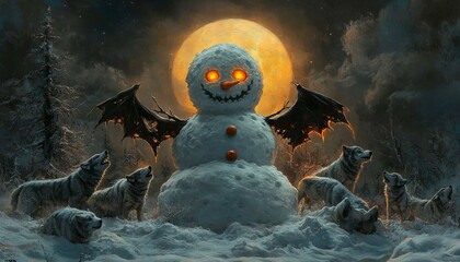 Sticker - A menacing snowman with glowing eyes and bat wings stands in a snowy forest, surrounded by howling wolves under a full moon.