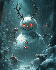 Sticker - A menacing snowman with red eyes and antlers stands in a snowy forest, surrounded by animals.