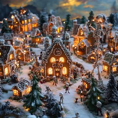 Wall Mural - A miniature gingerbread village with a spooky theme, featuring gingerbread houses,  skeletons, trees, and lights.