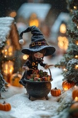 Poster - A miniature witch in a black hat and coat stands in a snowy village, carrying a cauldron filled with wrapped presents.