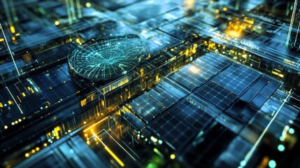 Wall Mural - abstract futuristic cityscape with glowing lines and digital patterns.
