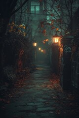 Wall Mural - A misty path through a dark alleyway lit by flickering lanterns.