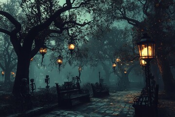 Wall Mural - A misty, spooky park path with glowing lanterns and skeletal figures, creating an eerie atmosphere.