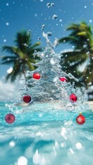 Splashing water in the shape of a Christmas tree and a red ball.