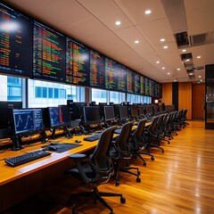 Sticker - A modern trading room with rows of computer workstations and a large screen displaying financial data.