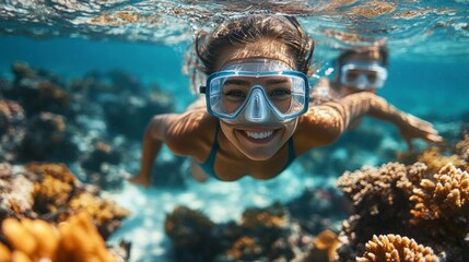 Poster - A woman is swimming in the ocean wearing goggles and a blue bikini