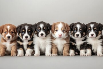 Six adorable puppies posing on a grey background