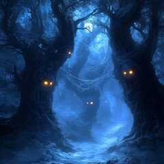 Wall Mural - A moonlit forest with gnarled trees and glowing eyes, creating a sense of mystery and unease.