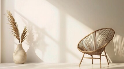 Poster - Minimalistic Interior with Rattan Chair and Dried Plants