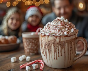 Wall Mural - A mug of hot chocolate with whipped cream, marshmallows, and a candy cane in the foreground, with a family enjoying a festive meal in the background.